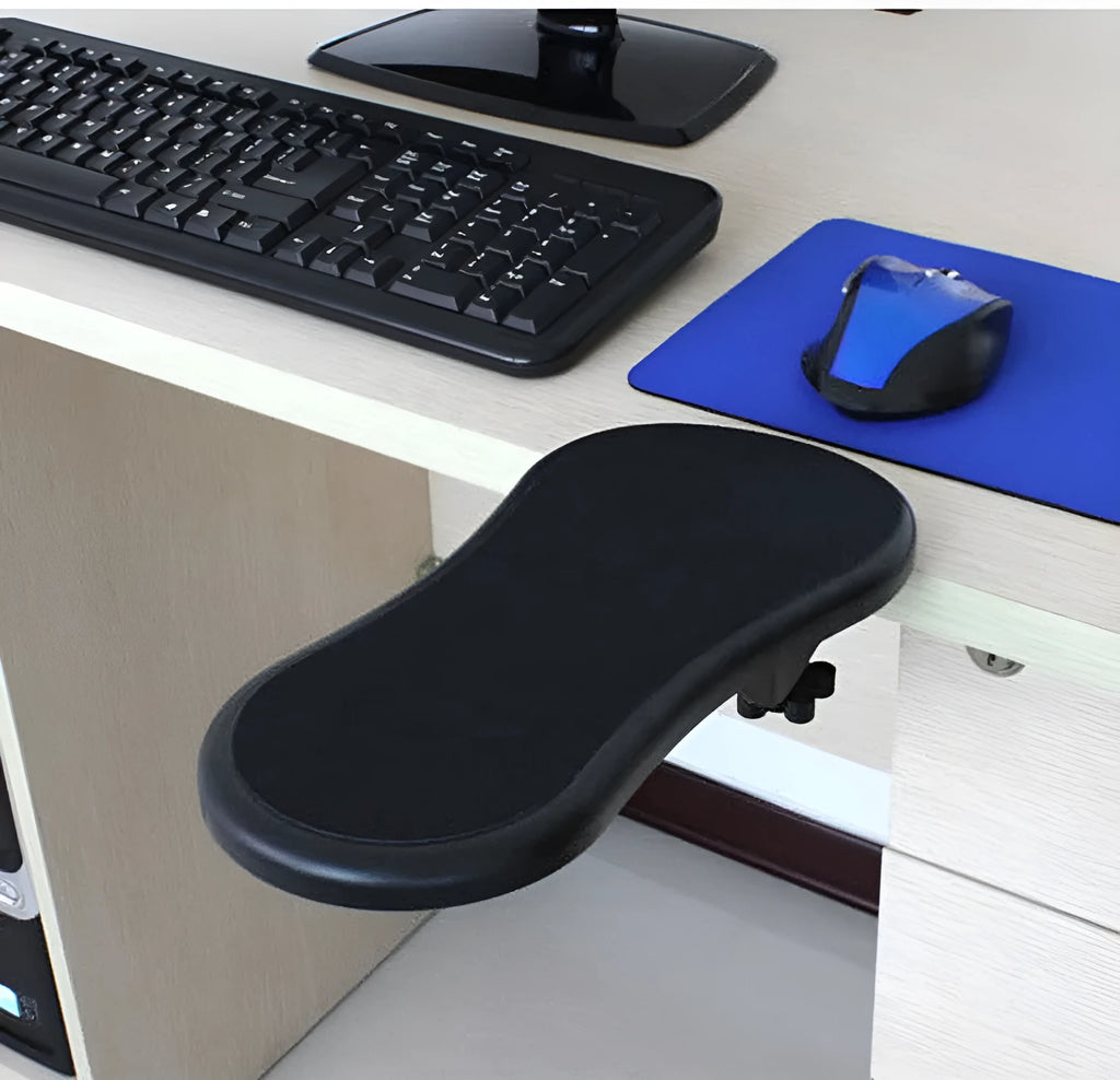 Black rotating computer hand bracket wrist pad showing 180-degree adjustment on desk