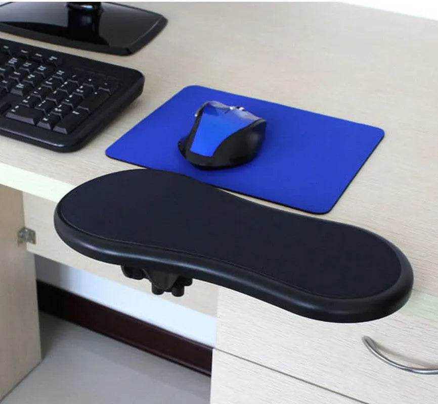 Black rotating computer hand bracket wrist pad showing 180-degree adjustment on desk