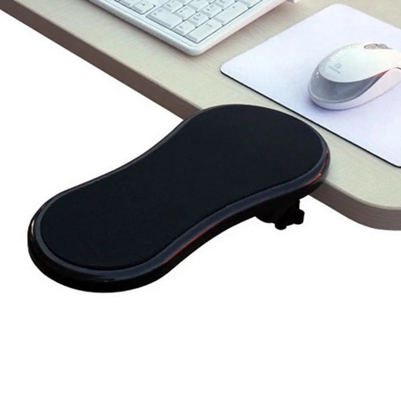 Black rotating computer hand bracket wrist pad showing 180-degree adjustment on desk