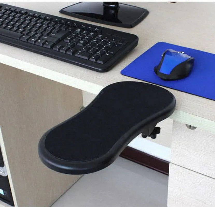 Black rotating computer hand bracket wrist pad showing 180-degree adjustment on desk