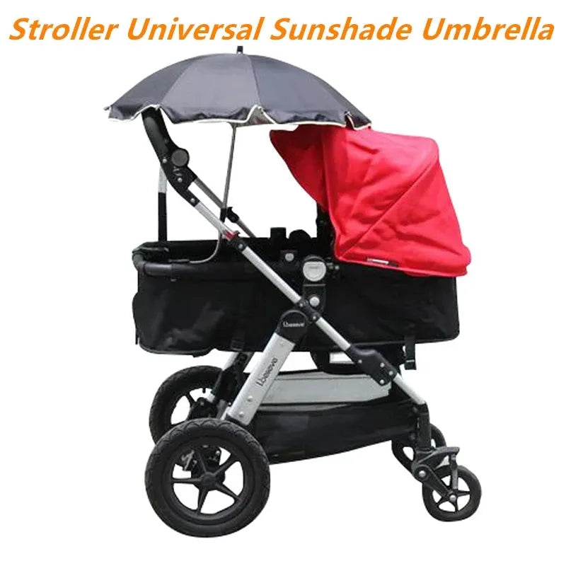 Black adjustable stroller umbrella with alloy handle and 8 steel bones attached to pram