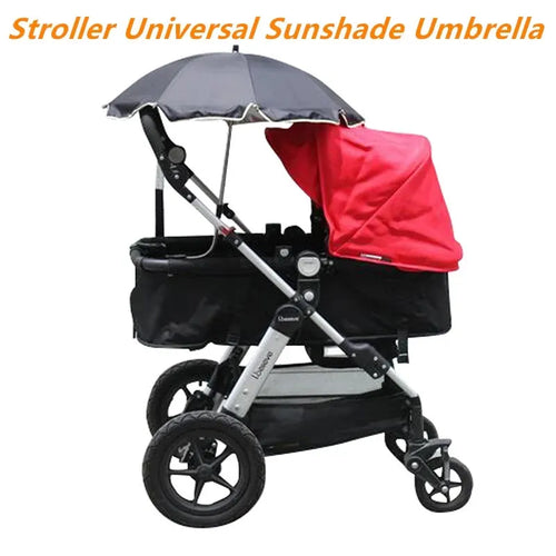 Black adjustable stroller umbrella with alloy handle and 8 steel bones attached to pram