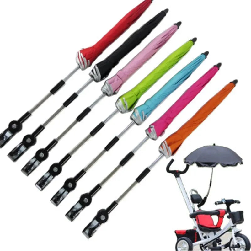 Black adjustable stroller umbrella with alloy handle and 8 steel bones attached to pram