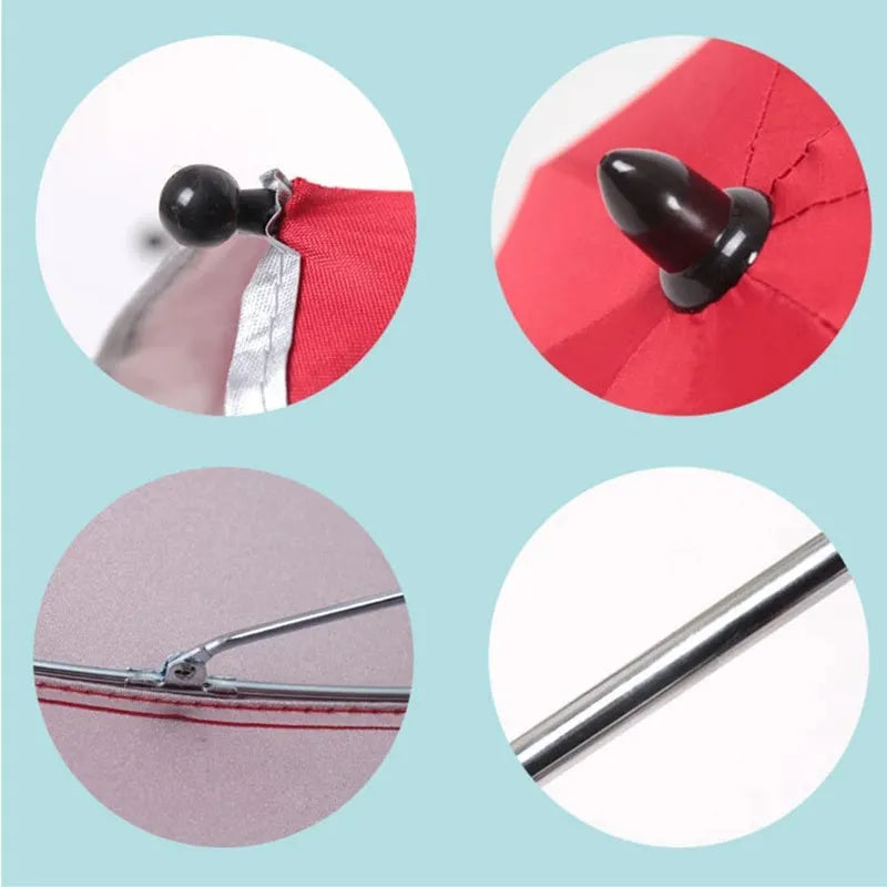 Black adjustable stroller umbrella with alloy handle and 8 steel bones attached to pram