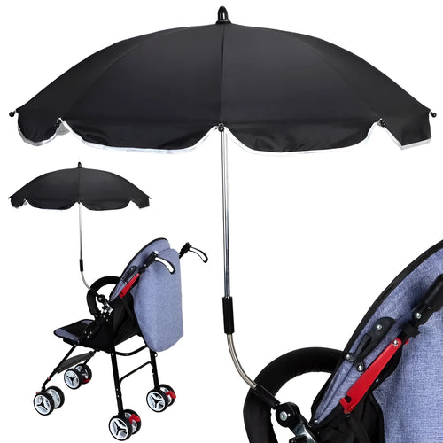 Black adjustable stroller umbrella with alloy handle and 8 steel bones attached to pram