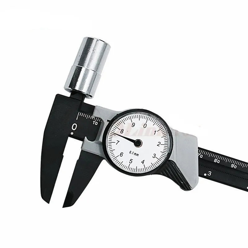 Black and white plastic vernier caliper showing 0-150mm scale with stainless steel jaws.