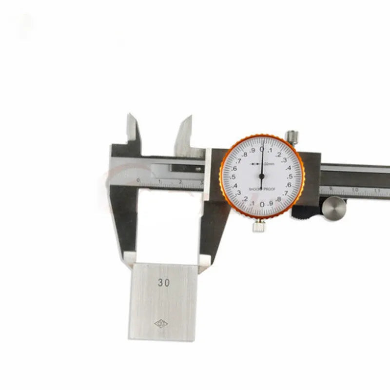 Black and white plastic vernier caliper showing 0-150mm scale with stainless steel jaws.