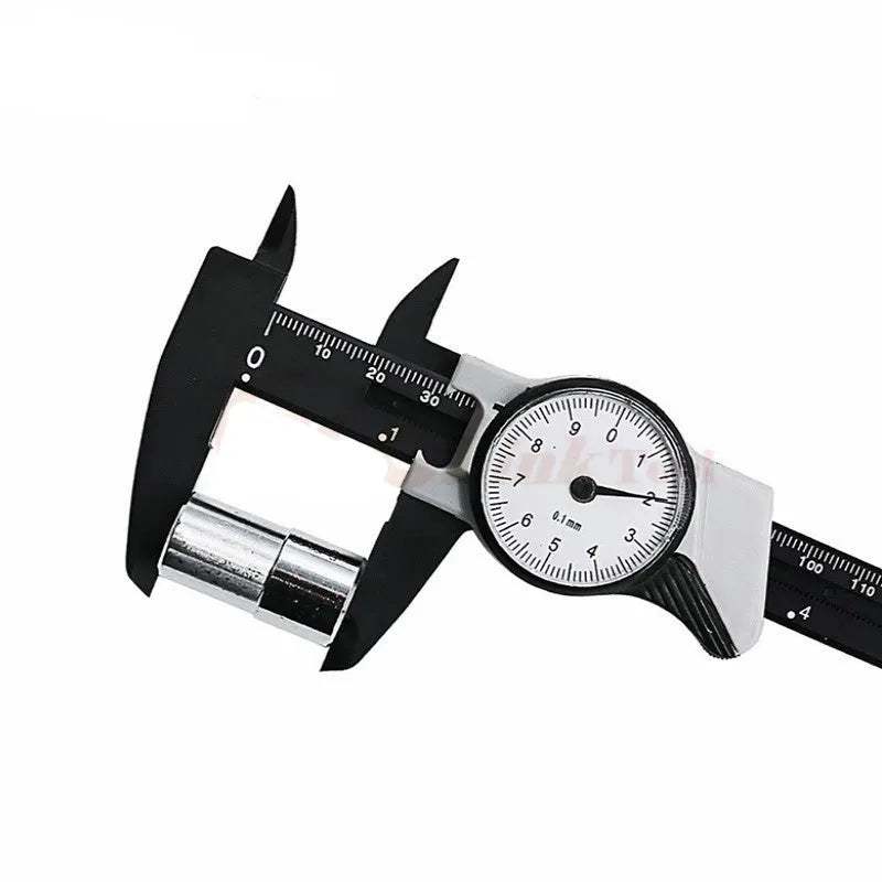 Black and white plastic vernier caliper showing 0-150mm scale with stainless steel jaws.
