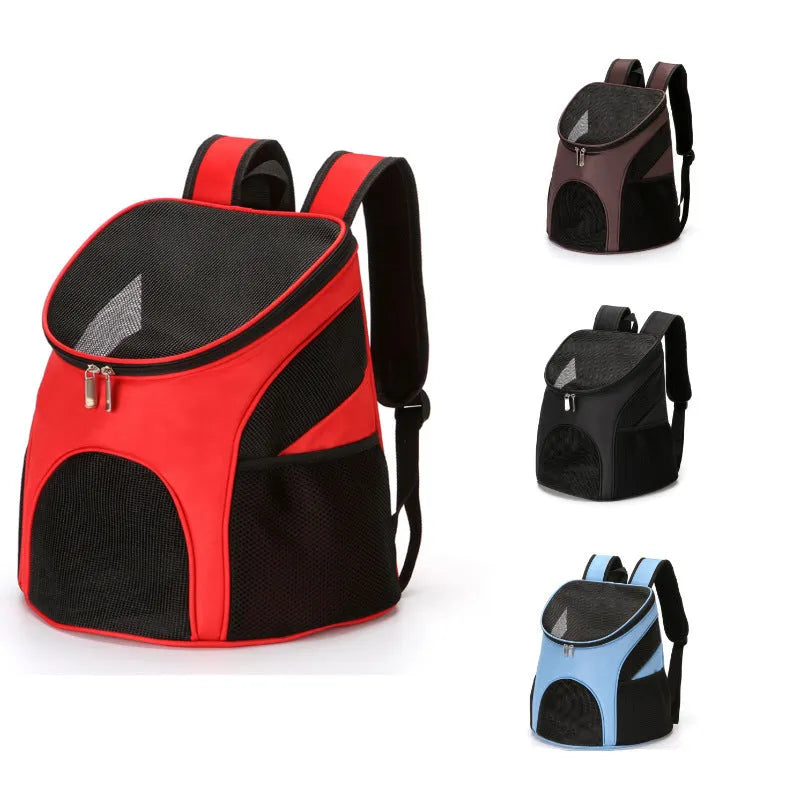 Solid colour pet carrier backpack for small dogs and cats shown in red, black, brown, and blue.