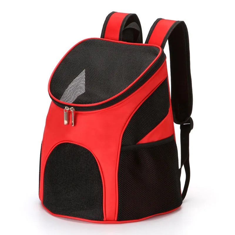 Solid colour pet carrier backpack for small dogs and cats shown in red, black, brown, and blue.
