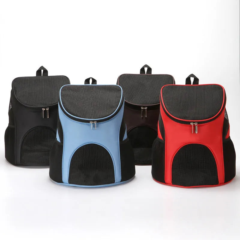 Solid colour pet carrier backpack for small dogs and cats shown in red, black, brown, and blue.