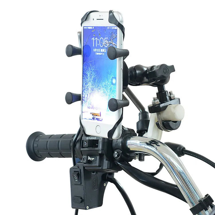Black aluminium alloy motorcycle phone mounting bracket shown on a handlebar.