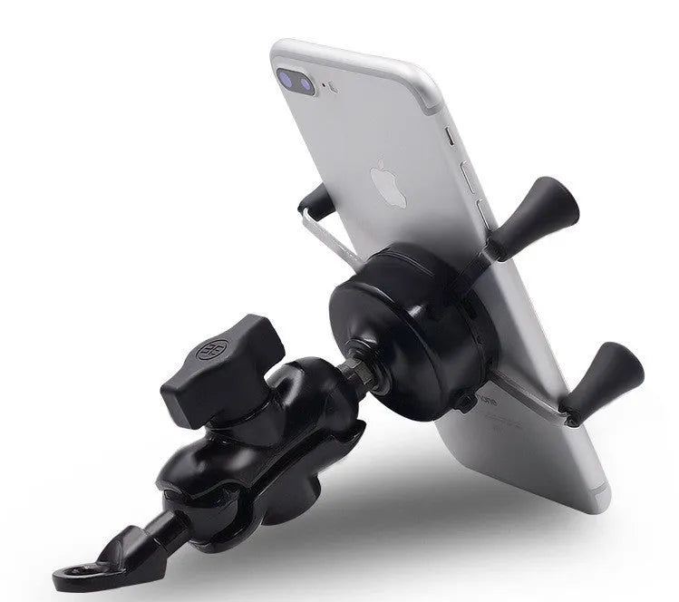 Black aluminium alloy motorcycle phone mounting bracket shown on a handlebar.