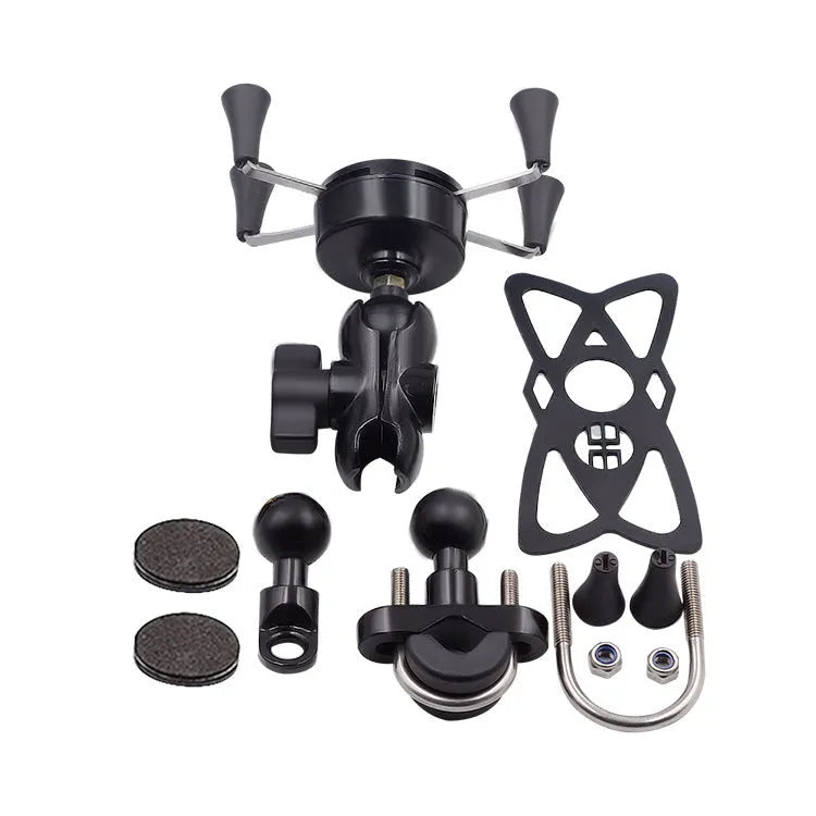 Black aluminium alloy motorcycle phone mounting bracket shown on a handlebar.