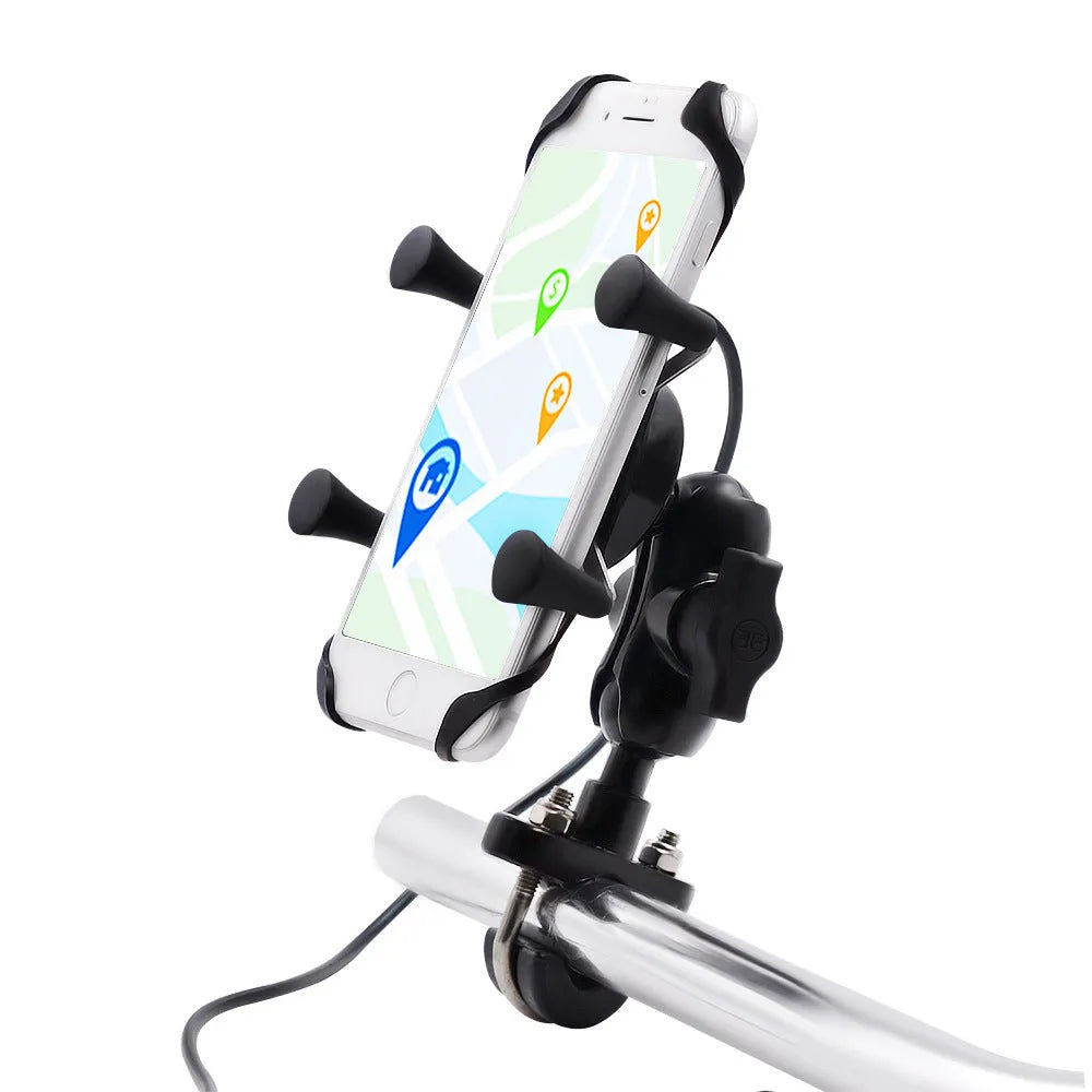 Black aluminium alloy motorcycle phone mounting bracket shown on a handlebar.