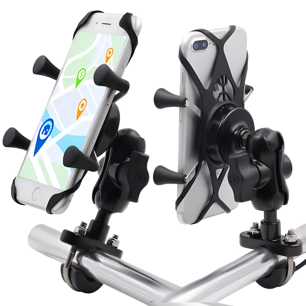 Black aluminium alloy motorcycle phone mounting bracket shown on a handlebar.
