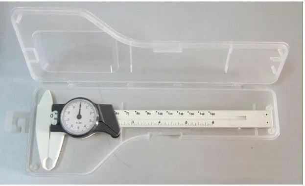 Black and white plastic vernier caliper showing 0-150mm scale with stainless steel jaws.