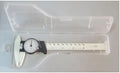 Black and white plastic vernier caliper showing 0-150mm scale with stainless steel jaws.