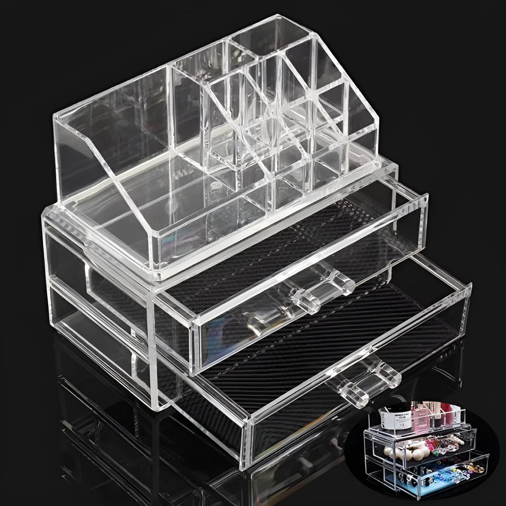 Clear foldable acrylic makeup storage organiser box with 18 litre capacity.