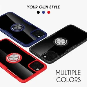 Black PU leather iPhone case with a built-in kickstand and car vent clip extended.