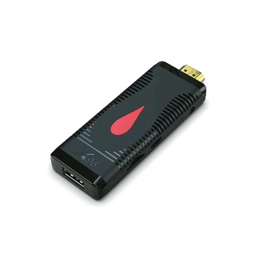 Android Smart TV Set-top Box dongle with Allwinner H313 processor and remote control.