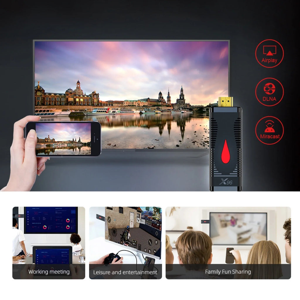 Android Smart TV Set-top Box dongle with Allwinner H313 processor and remote control.