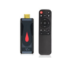 Android Smart TV Set-top Box dongle with Allwinner H313 processor and remote control.