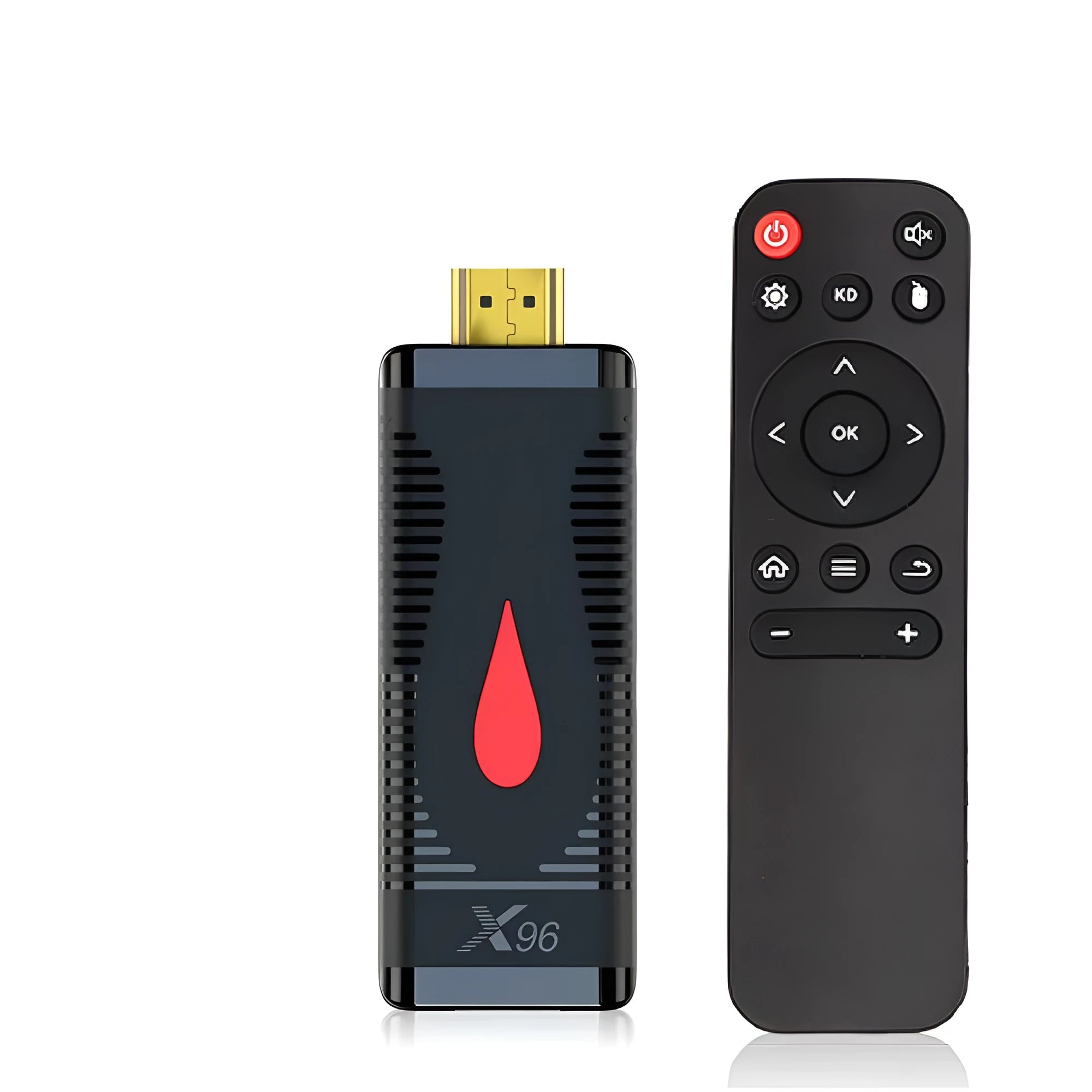 Android Smart TV Set-top Box dongle with Allwinner H313 processor and remote control.