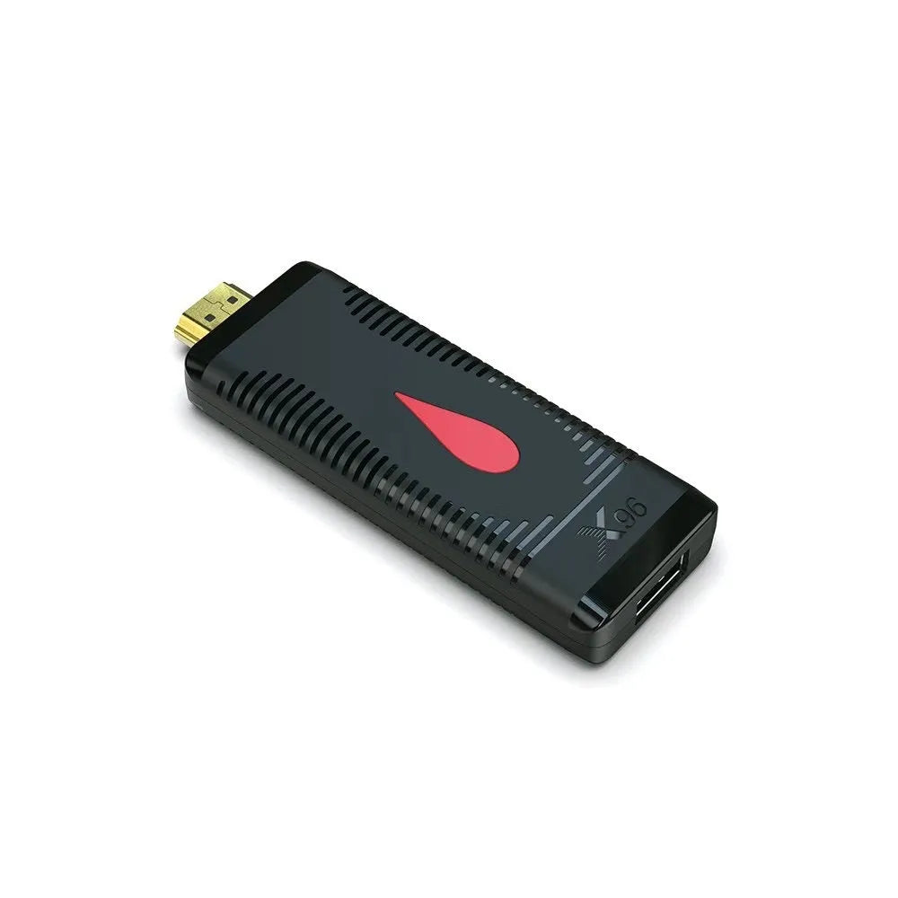 Android Smart TV Set-top Box dongle with Allwinner H313 processor and remote control.