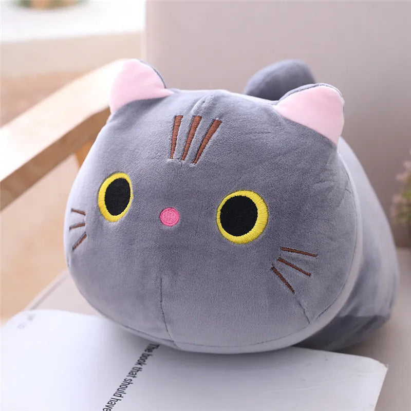 Grey fat cat plush rag doll stuffed toy made from stretch spandex fabric.