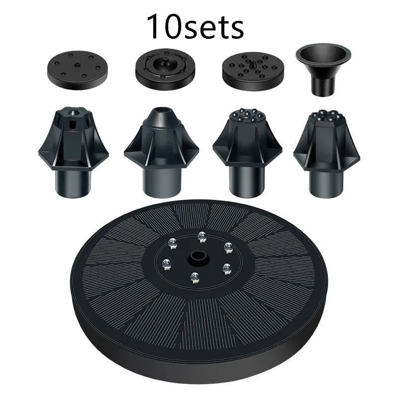Black solar-powered garden fountain with four spray nozzles for bird baths and ponds