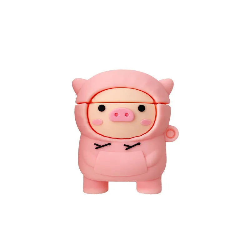 Pink silicone AirPods case cover with cartoon pig design, showing flip-style opening and hook attachment