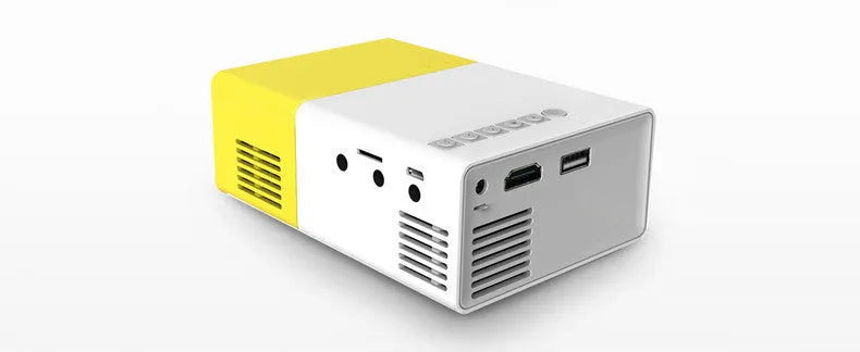 Compact HD 1080P mini projector with international plug adapters in black, blue or yellow finish