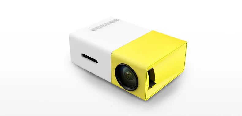 Compact HD 1080P mini projector with international plug adapters in black, blue or yellow finish