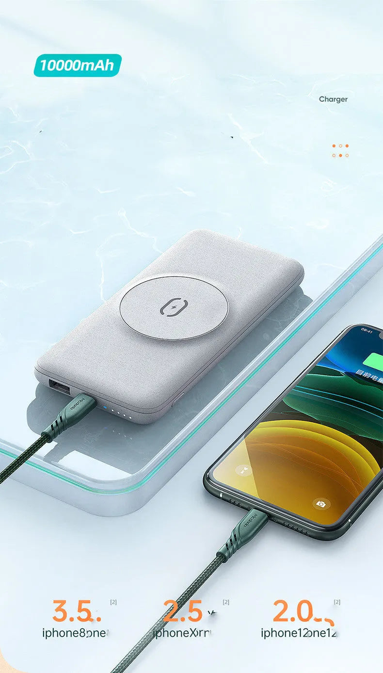 Maiduo MagSafe magnetic wireless power bank in mint green, showing clip and dimensions.