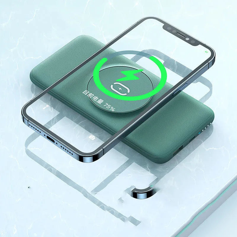 Maiduo mint green MagSafe magnetic wireless power bank showing back clip and dimensions.