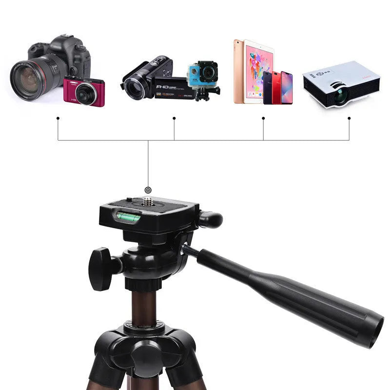 Black aluminium tripod extended to 1.3m with phone holder and Bluetooth remote for live broadcasting