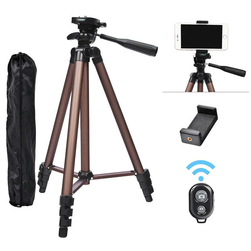 Black aluminium tripod extended to 1.3m with phone holder and Bluetooth remote for live broadcasting