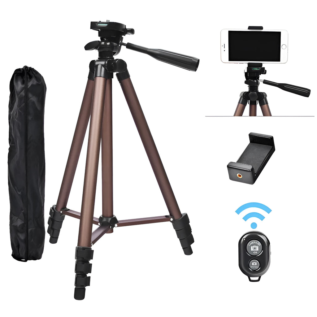 Black aluminium tripod extended to 1.3m with phone holder and Bluetooth remote for live broadcasting