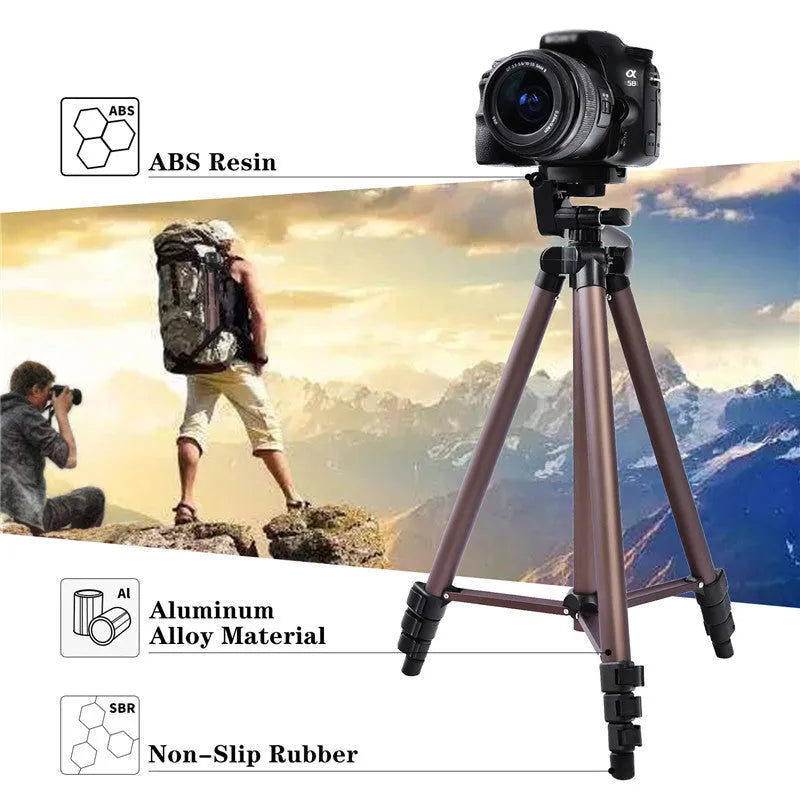 Black aluminium tripod extended to 1.3m with phone holder and Bluetooth remote for live broadcasting