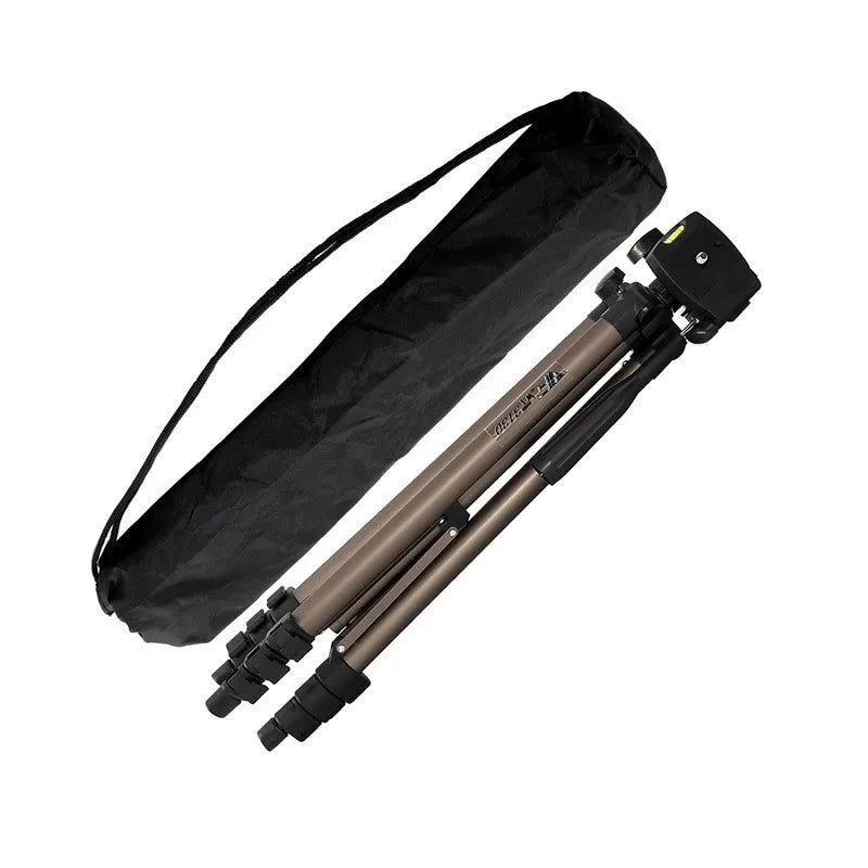 Black aluminium tripod extended to 1.3m with phone holder and Bluetooth remote for live broadcasting