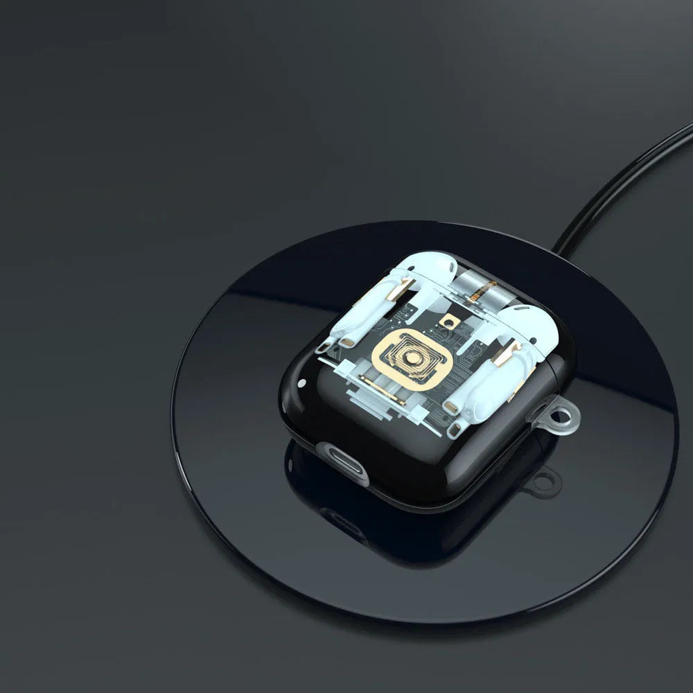 Steampunk mechanical design soft TPU protective cover for Apple AirPods 1st and 2nd generation, showing brass gears and metal details.