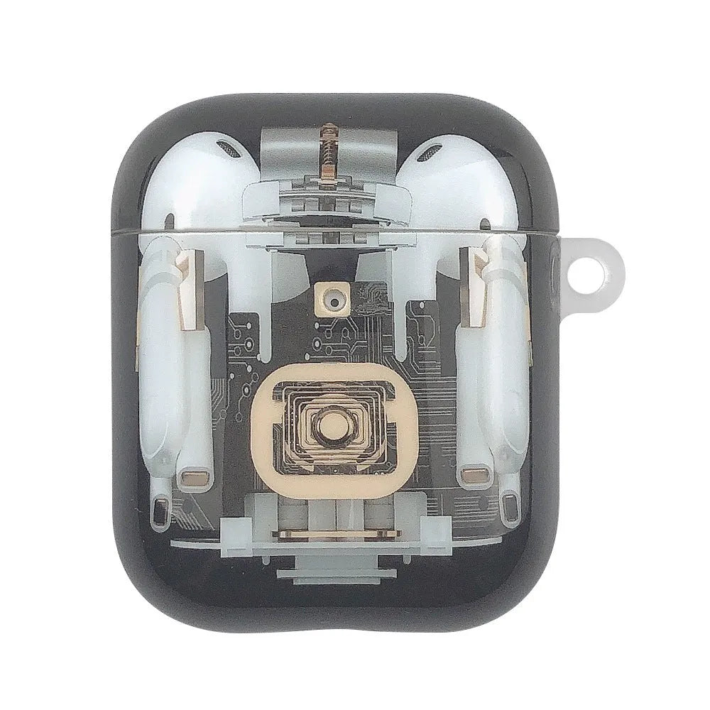 Steampunk mechanical design soft TPU protective cover for Apple AirPods 1st and 2nd generation, showing brass gears and metal details.