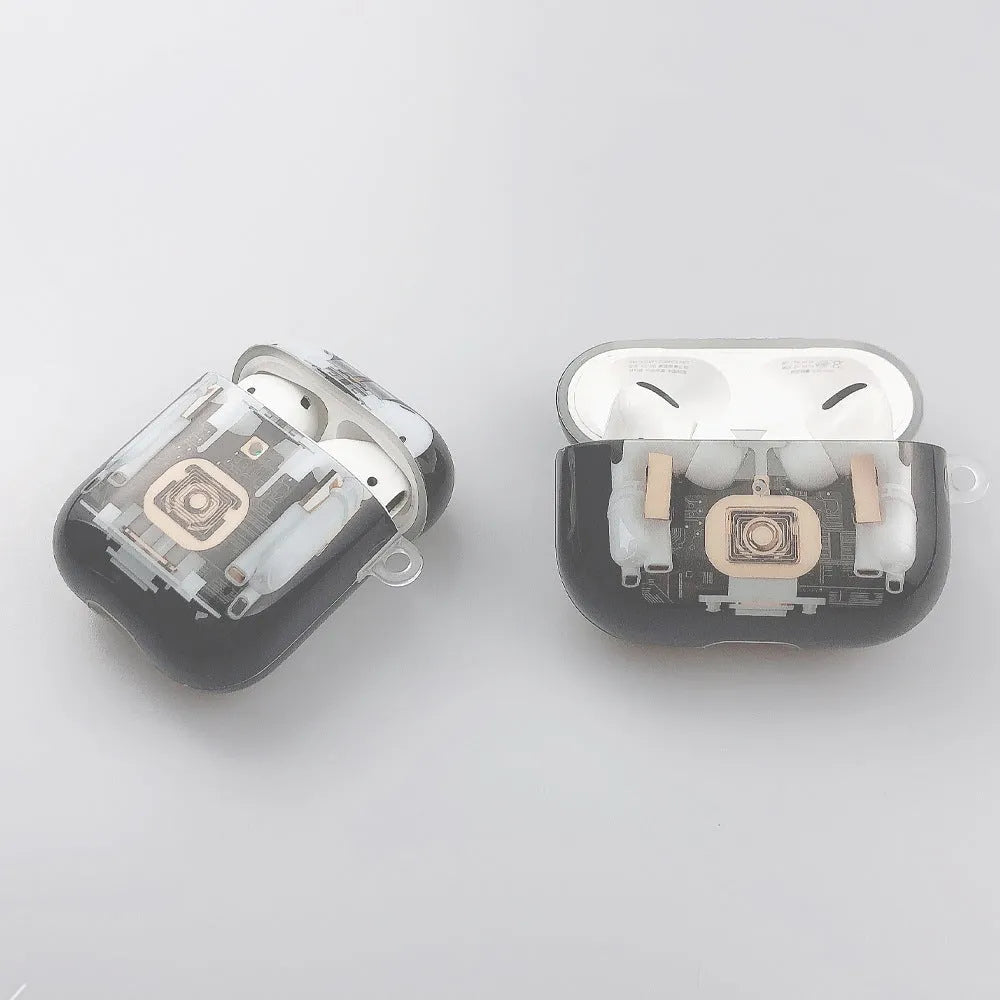 Steampunk mechanical design soft TPU protective cover for Apple AirPods 1st and 2nd generation, showing brass gears and metal details.