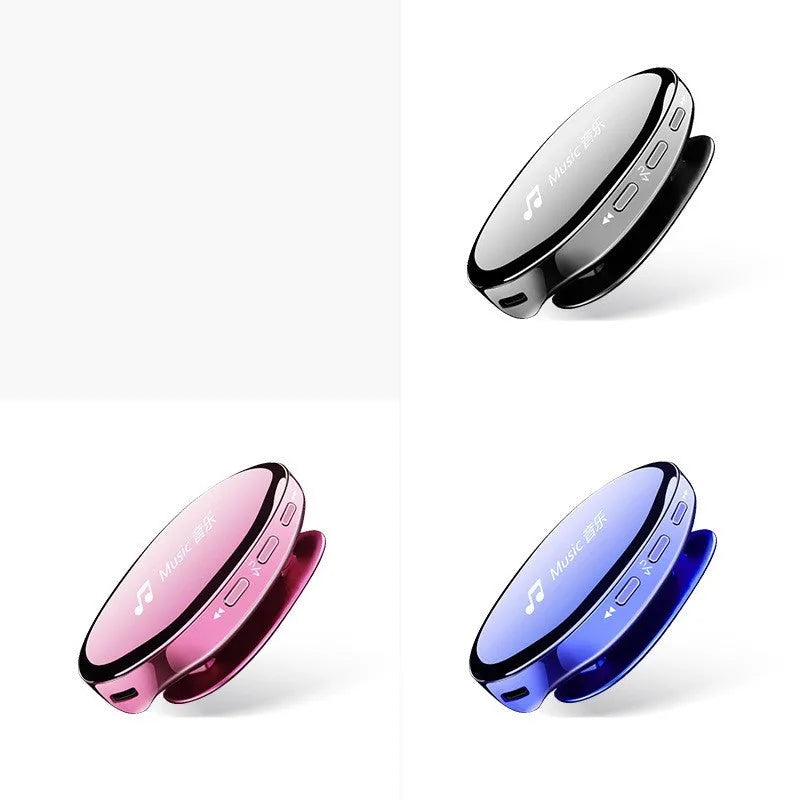 Bluetooth MP4 music player in black, blue, or rose gold with OLED screen showing audio playback interface
