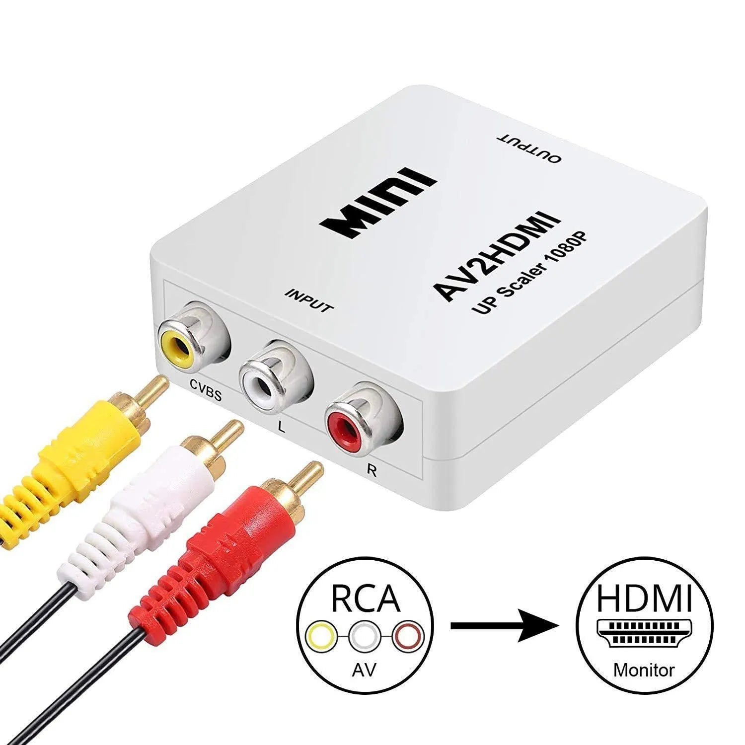 Small white AV to HDMI converter box with attached cable on a black background