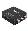 Small white AV to HDMI converter box with attached cable on a black background