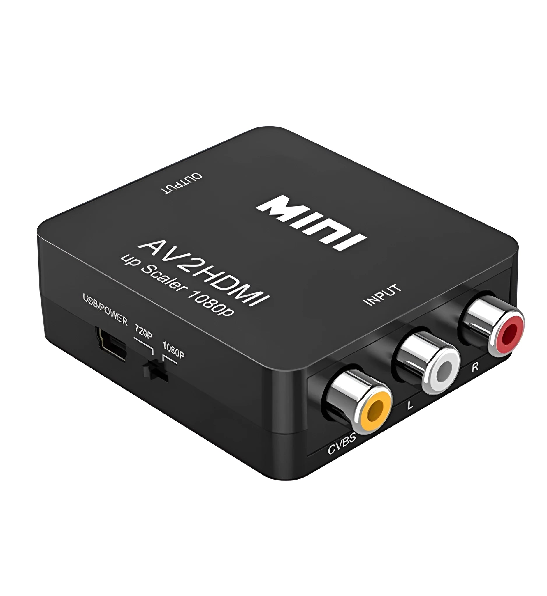 Small white AV to HDMI converter box with attached cable on a black background