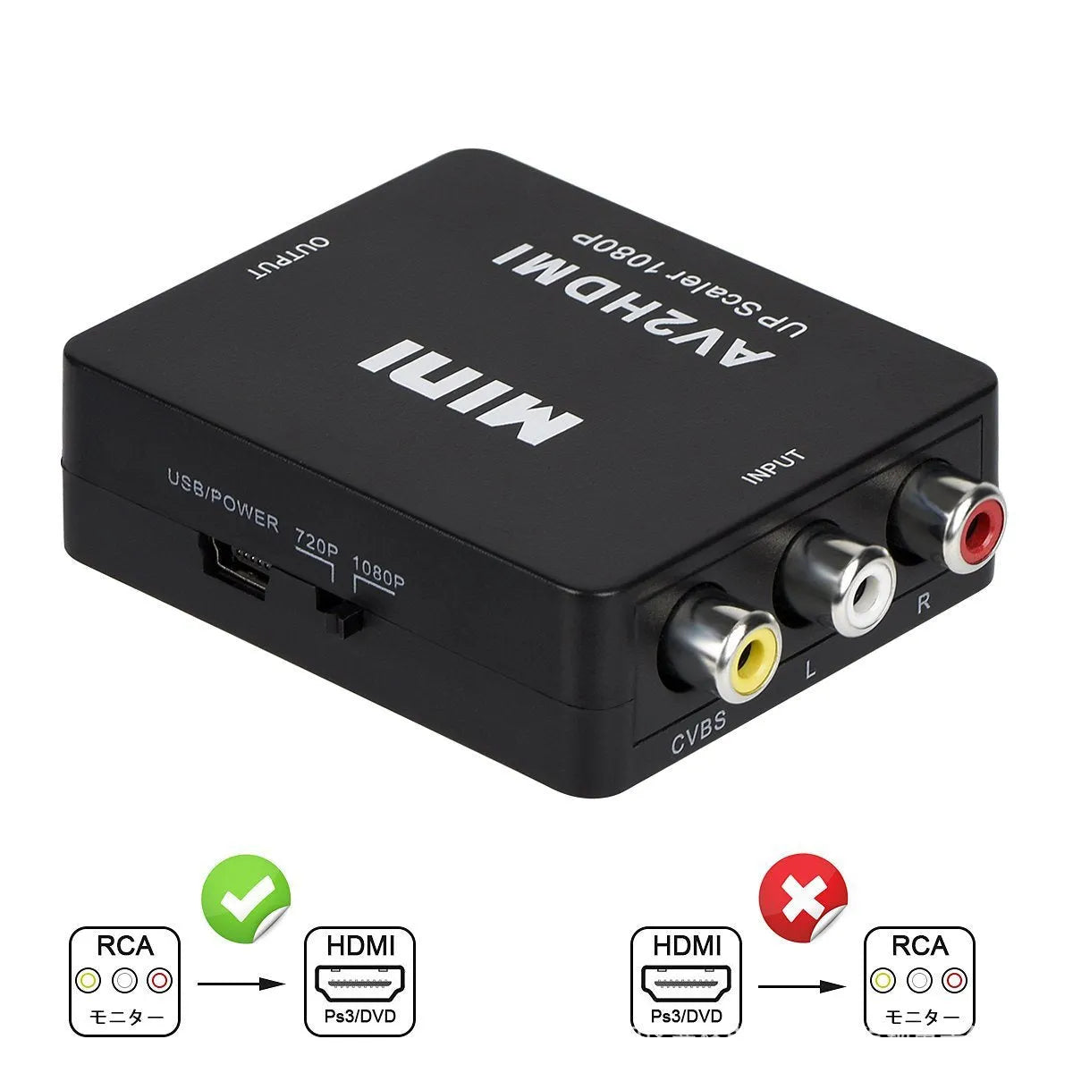Small white AV to HDMI converter box with attached cable on a black background
