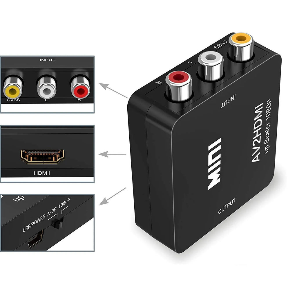 Small white AV to HDMI converter box with attached cable on a black background